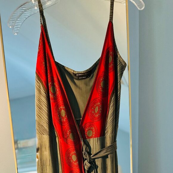 BCBGMaxAzria Red and Green Y2K Boho Hippie Wrap Sundress - Picture 3 of 4